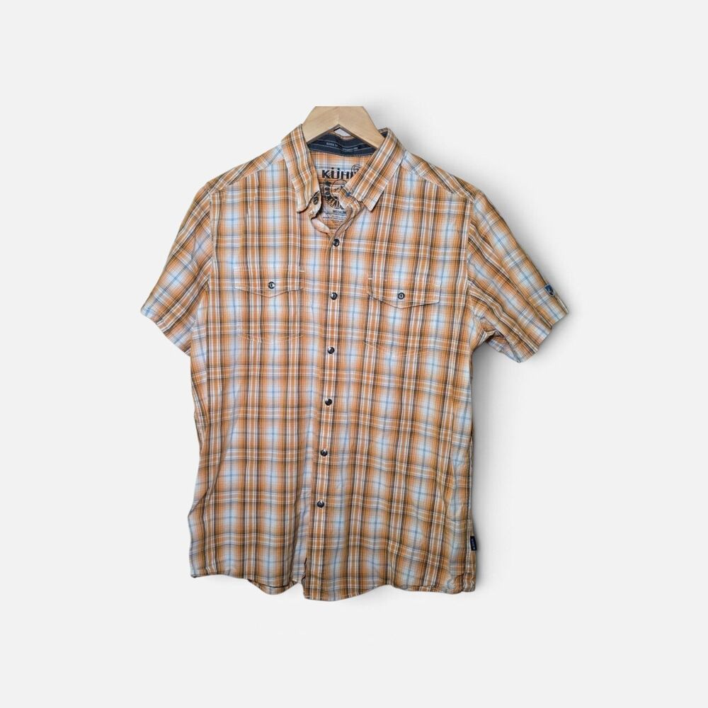 KUHL Mens Medium Orange Plaid Short Sleeve Button Down Shirt Cotton Linen